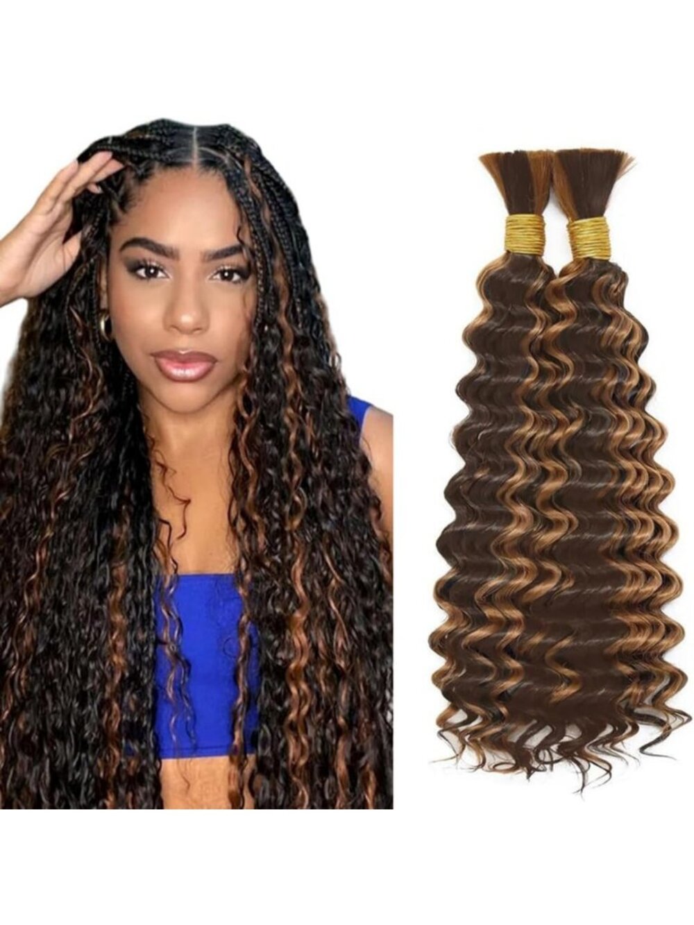24-Inch Deep Wave Boho Braiding Hair - Brown Human Hair, No Weft, 2 Bundles